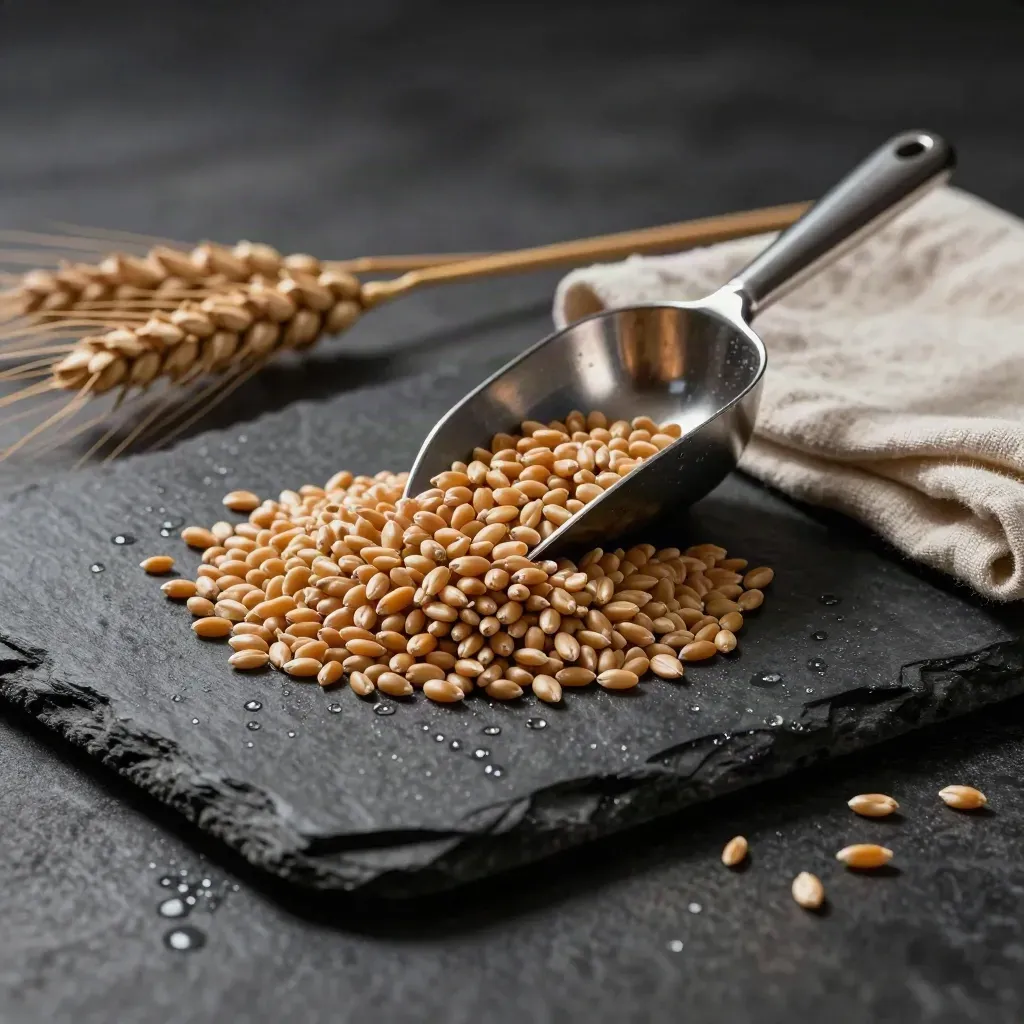 Macro of milling wheat on a slate slab with steel scoop and folded linen in cool raking light