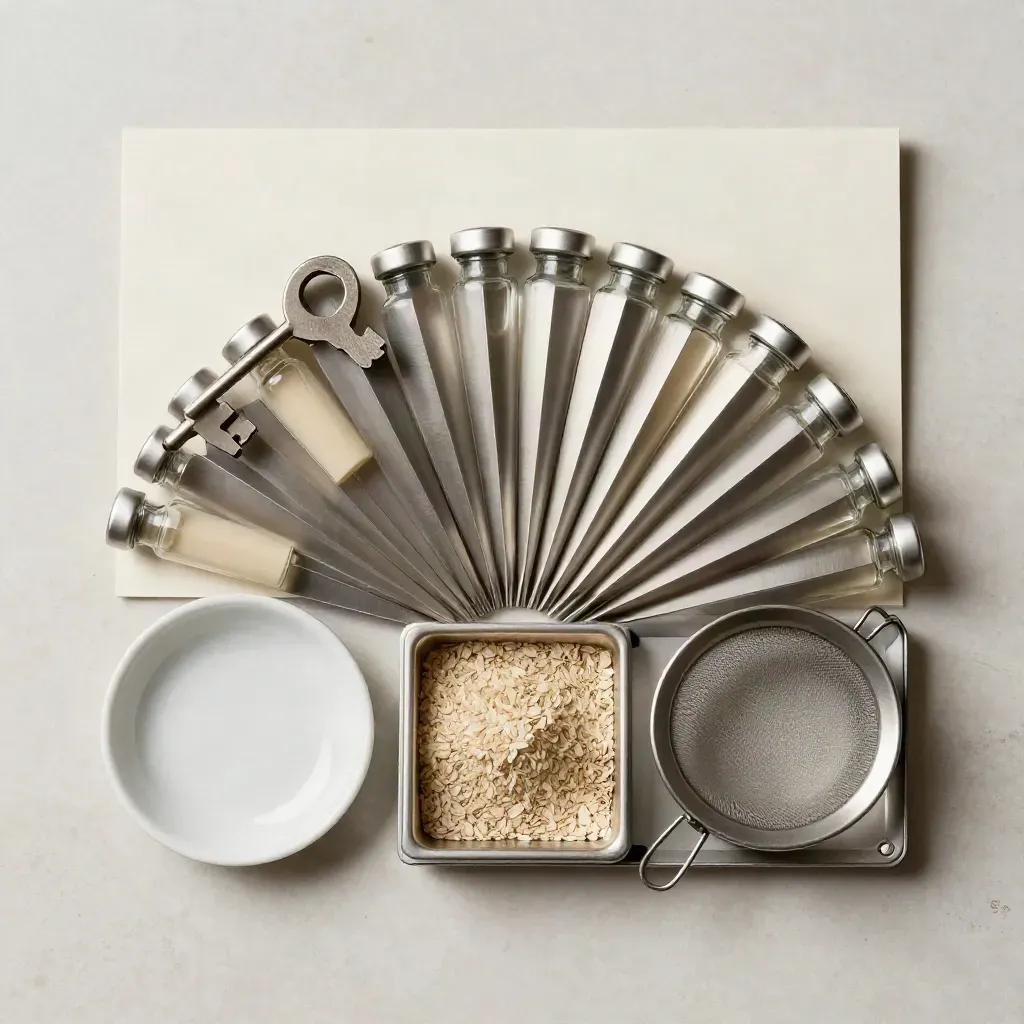 Top-down lab sample kit with wheat vials, ceramic dish and sieve tray on cream stone.