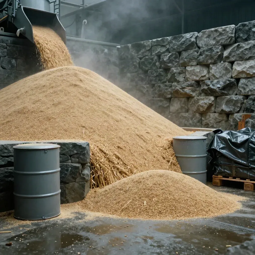 Milling wheat mound in a stone intake bay with sample drums, tarp, chute and dawn mist.