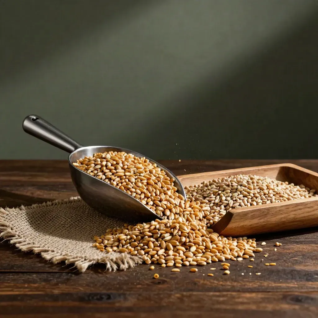 Feed wheat spilling between a steel scoop and split wooden tray on dark timber under raking light.