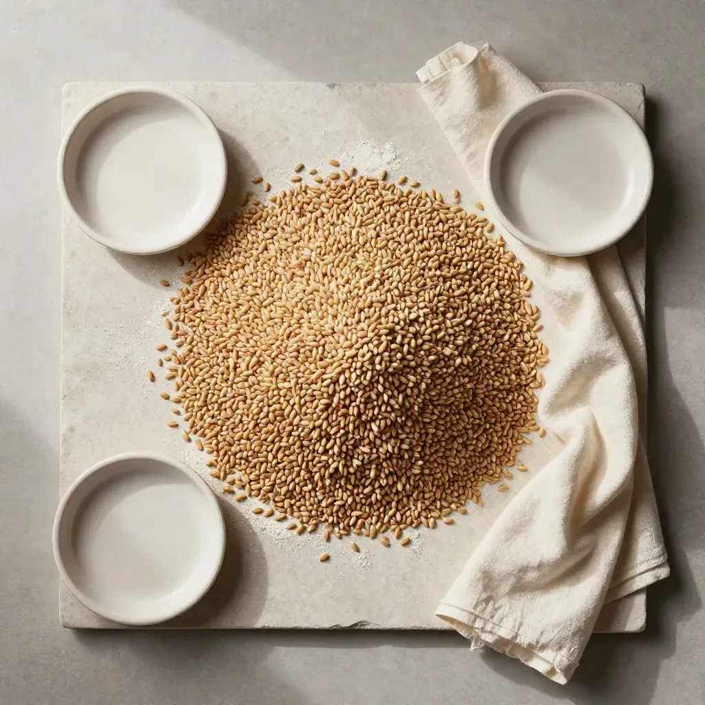 Overhead flat lay of baker’s wheat, ceramic trays and flour cloth on cream linen.