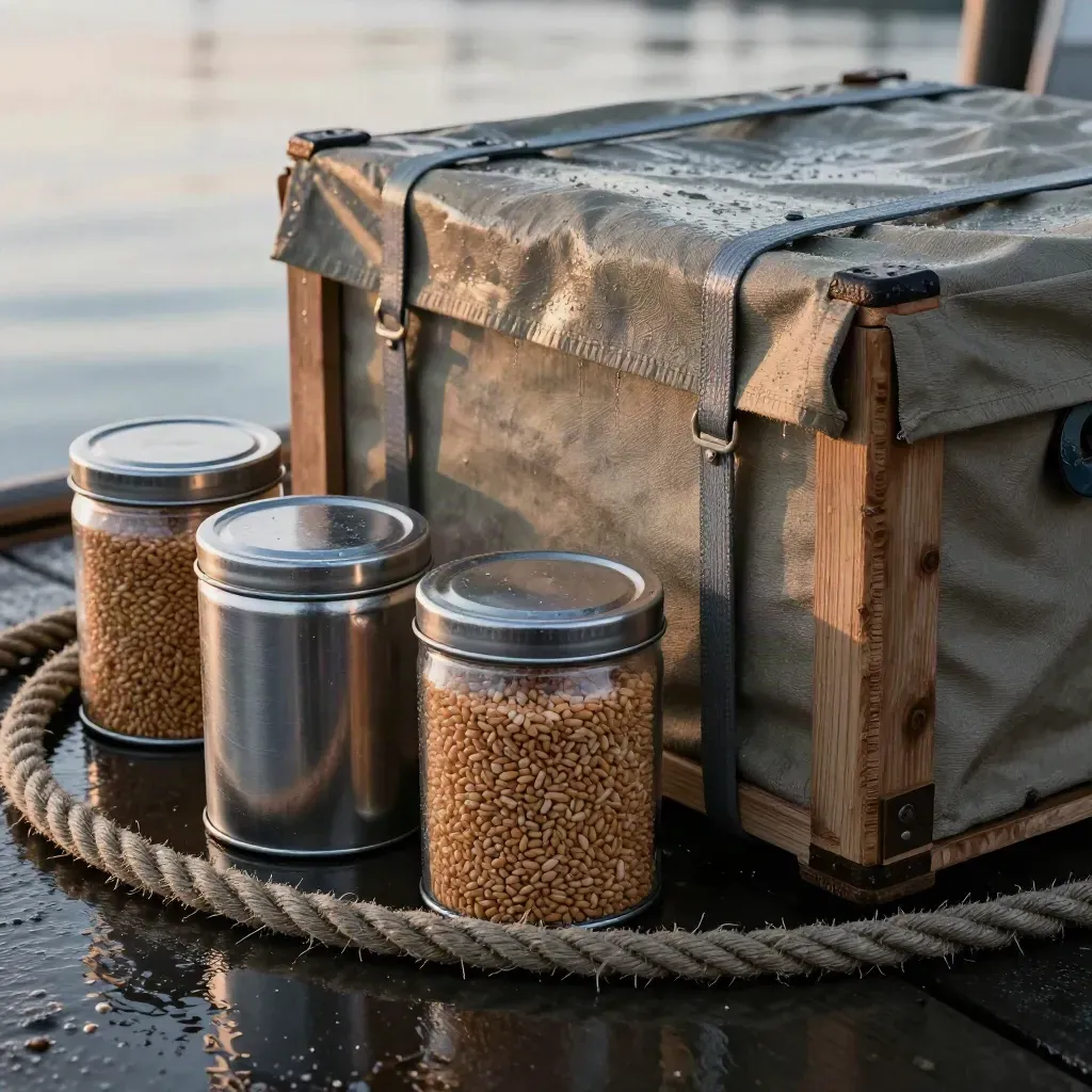 Sealed grain tins, rope and a tarped crate on wet dock boards in dramatic light.