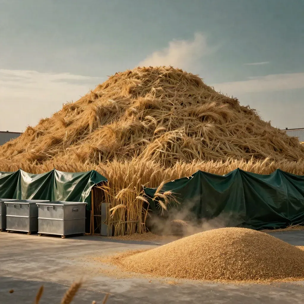 Golden wheat heap in a grain yard with tarps, bins and sunset haze