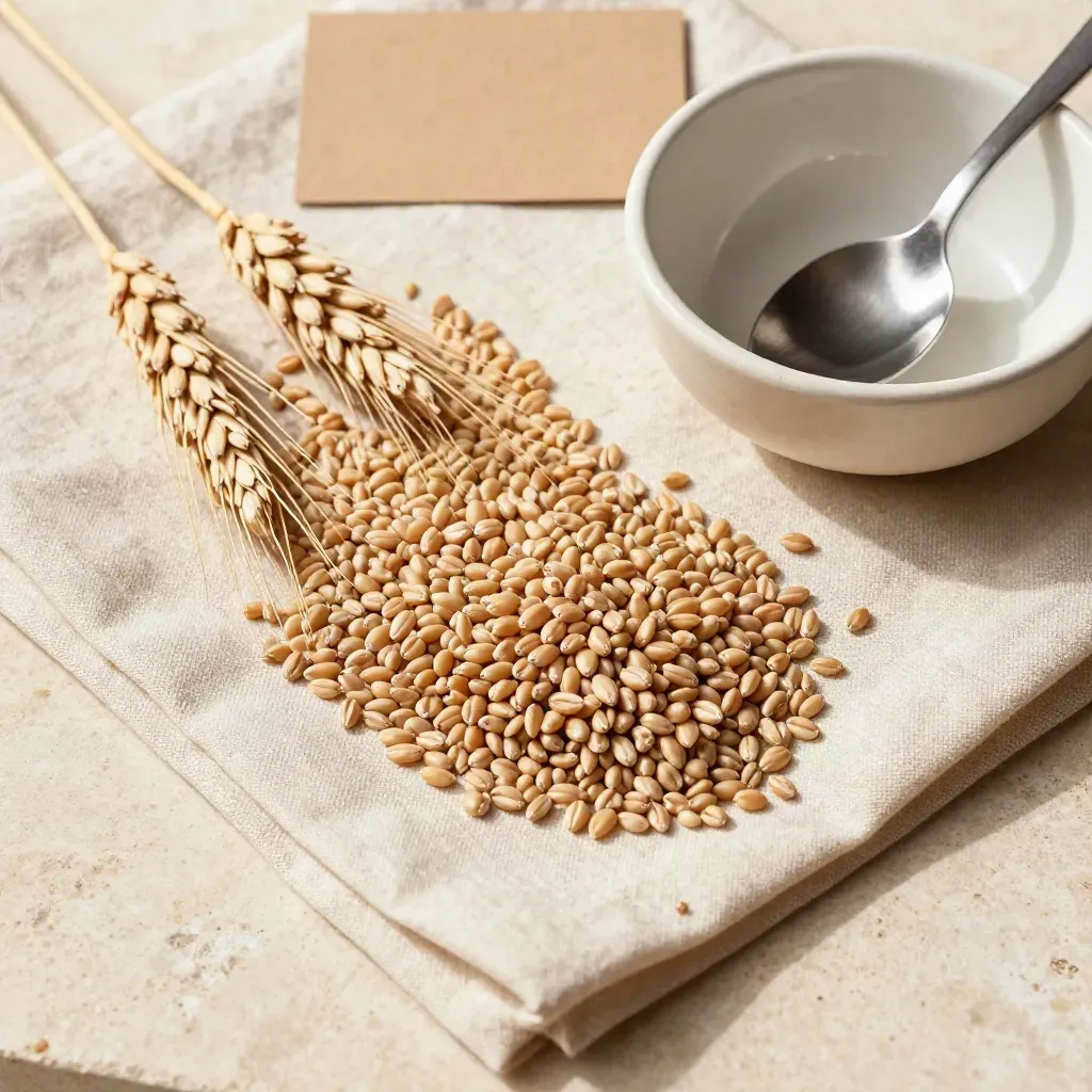 Overhead flatlay of soft milling wheat on linen with bowl and spoon