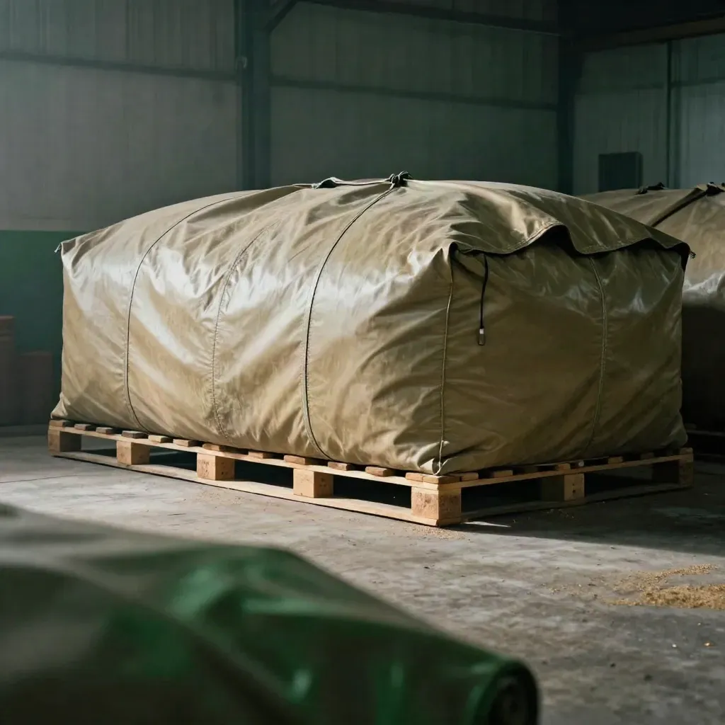 Covered grain stack in a quiet holding bay with tarps, pallets and soft warehouse light.
