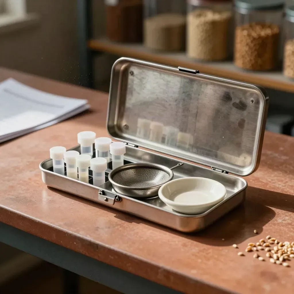 Stainless grain test kit with vials, sieve and ceramic dish on a terracotta lab bench.