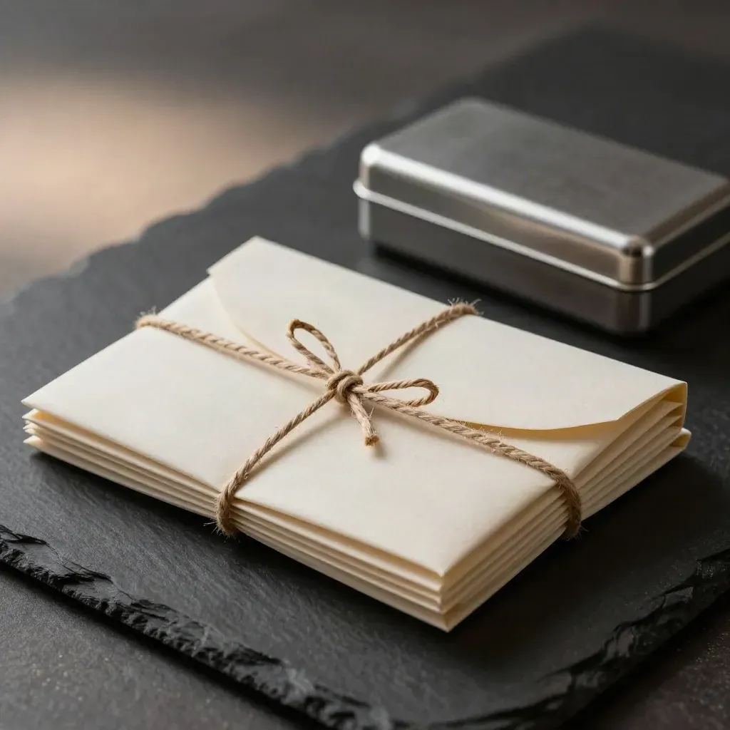 Blank export sleeve bundle with twine and metal case on dark slate in dramatic studio light.