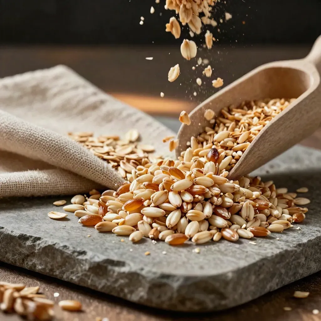 Macro of pale and amber wheat kernels fanning over linen on a dark tray