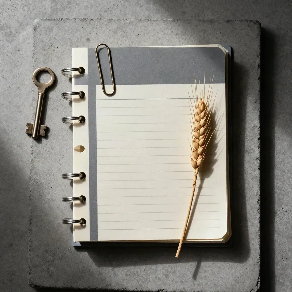 Closed dispatch ledger bundle with brass clip and wheat stem on concrete under soft side light.