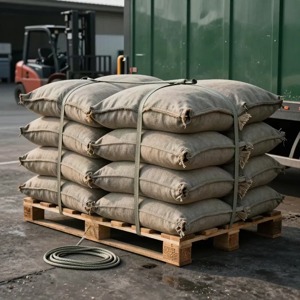 Tarped grain pallet strapped beside a trailer edge in a windy loading yard