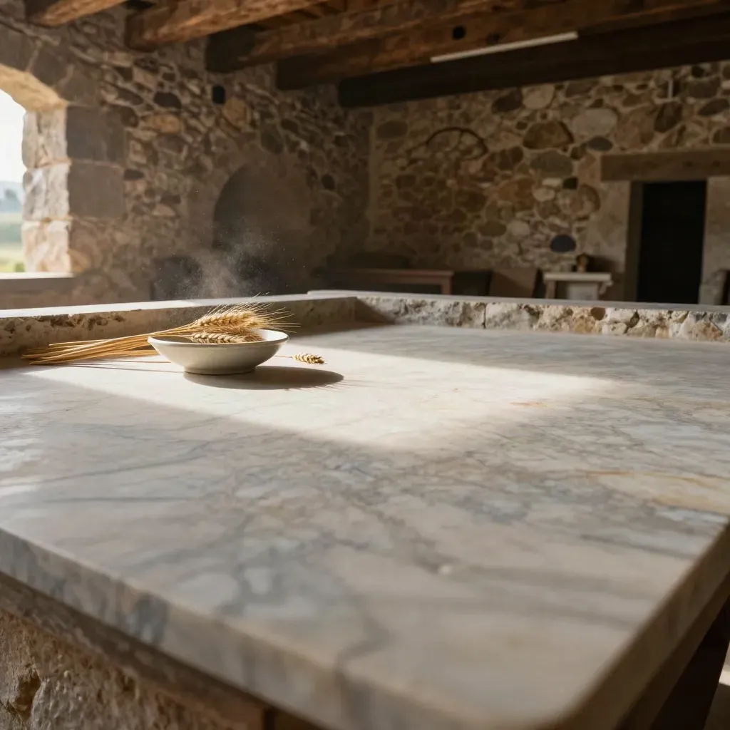 Sunlit mill interior with wheat heads on marble and calm copy space below