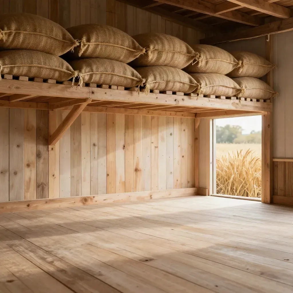 Timber loading room with stacked sacks and a wheat field glowing through an open side door.